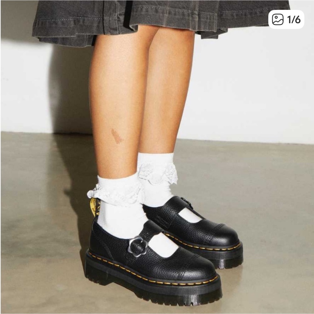 Dr. Martens Black Leather Mary Jane Platforms Addina Flower Daisy Oxfords